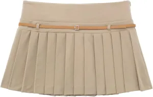 Women's Fashion Vintage Classic Pleated Short Skirt with Brown Belt Mini Skirt