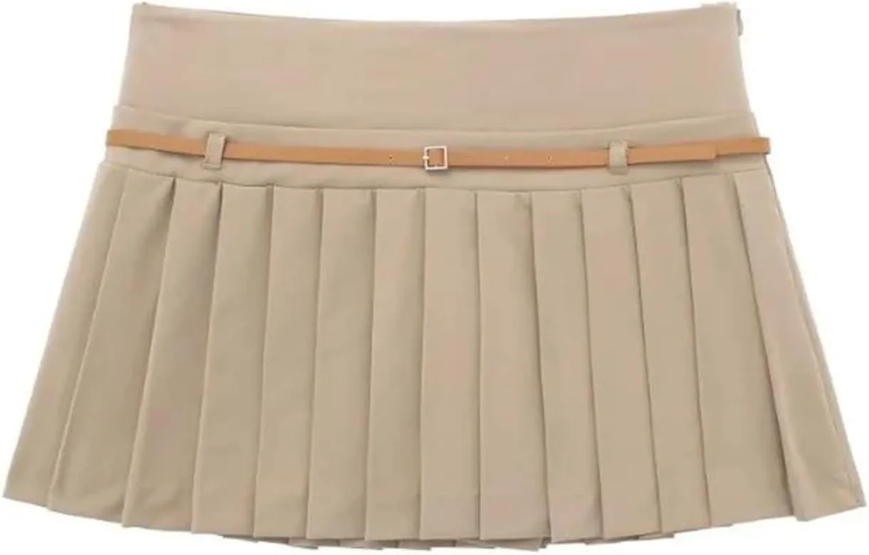 Women's Fashion Vintage Classic Pleated Short Skirt with Brown Belt Mini Skirt