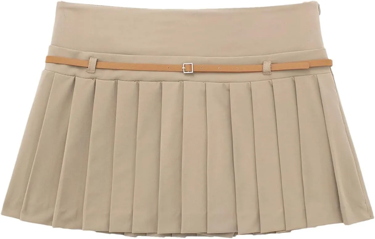 Women's Fashion Vintage Classic Pleated Short Skirt with Brown Belt Mini Skirt