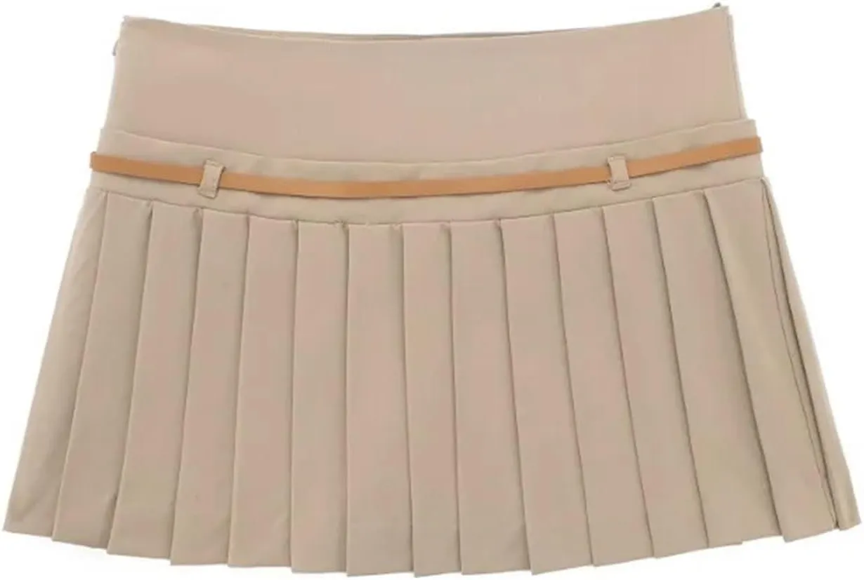 Women's Fashion Vintage Classic Pleated Short Skirt with Brown Belt Mini Skirt