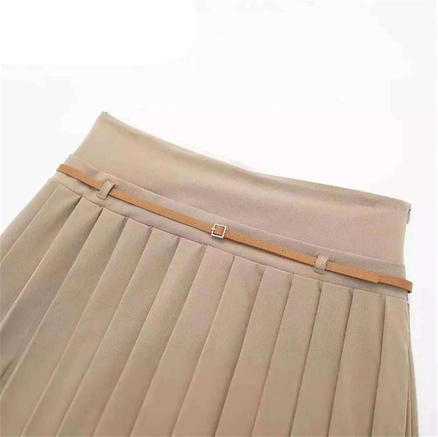 Women's Fashion Vintage Classic Pleated Short Skirt with Brown Belt Mini Skirt