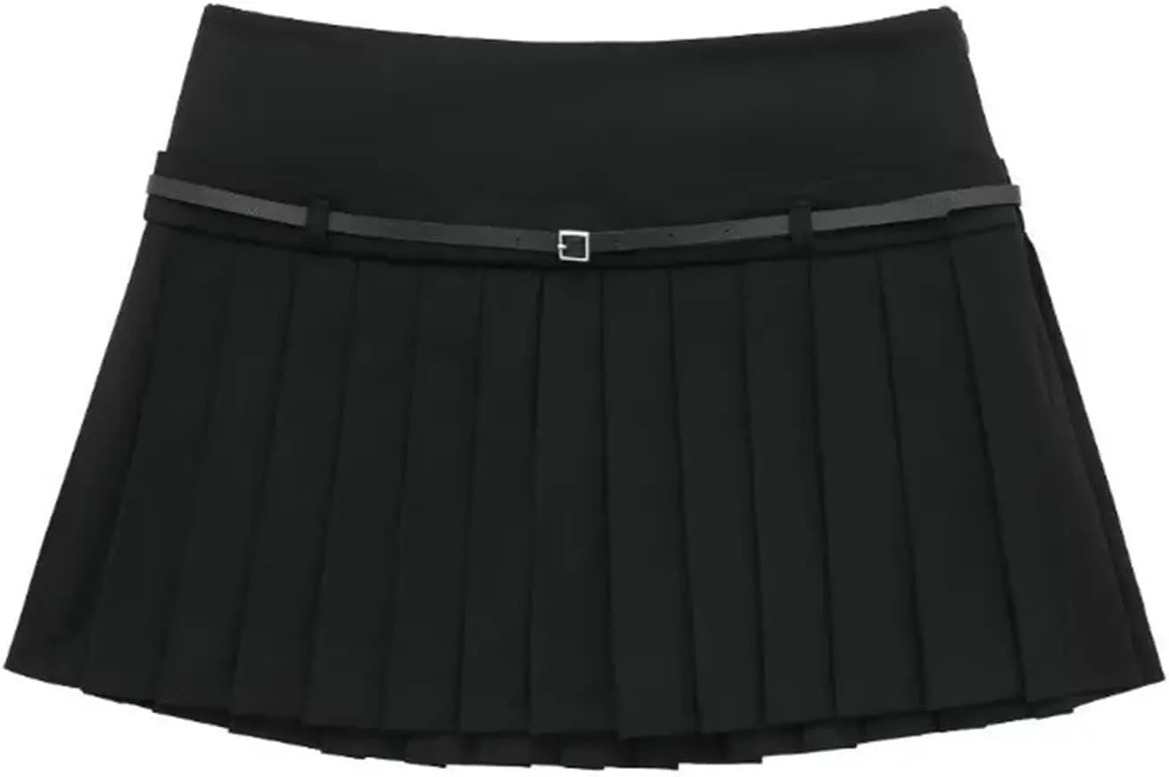 Women's Fashion Vintage Classic Pleated Short Skirt with Brown Belt Mini Skirt