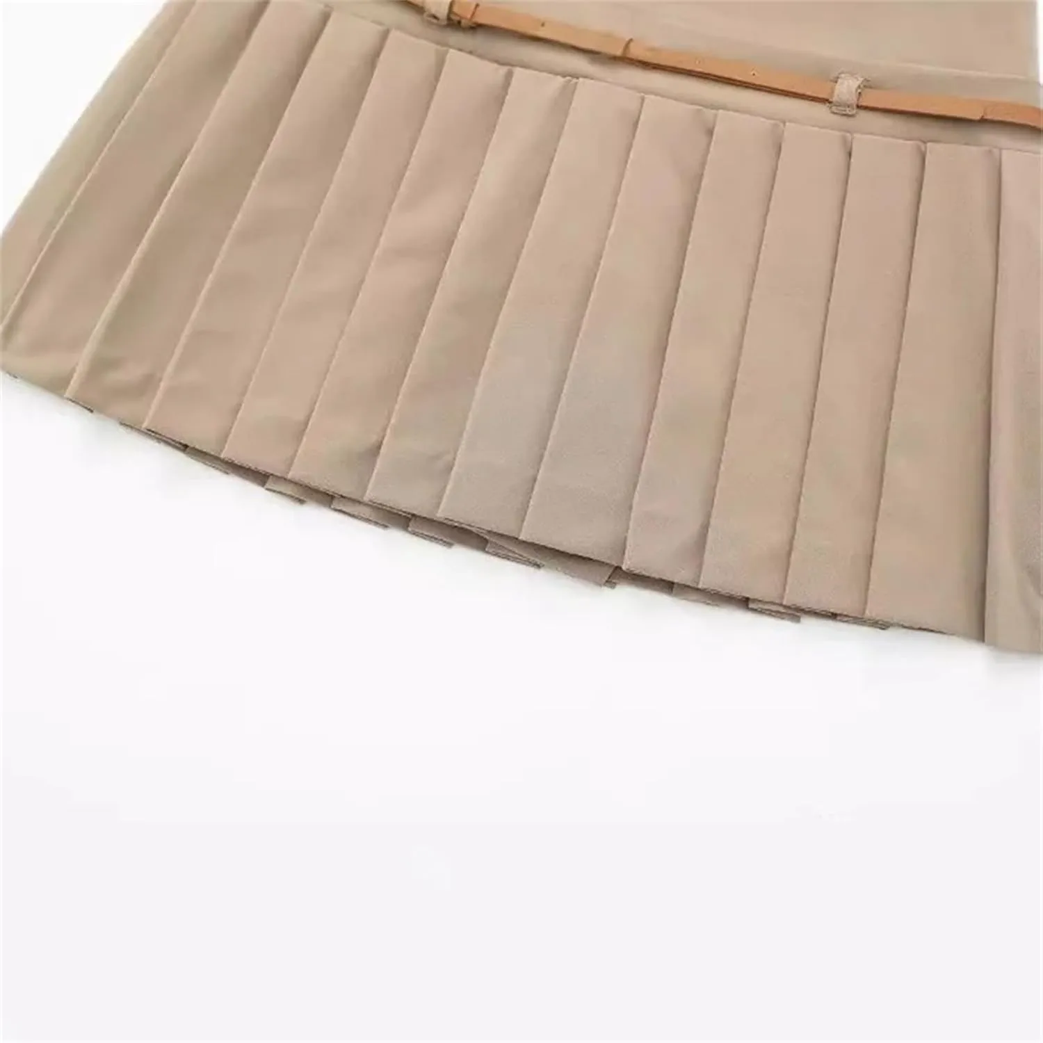 Women's Fashion Vintage Classic Pleated Short Skirt with Brown Belt Mini Skirt