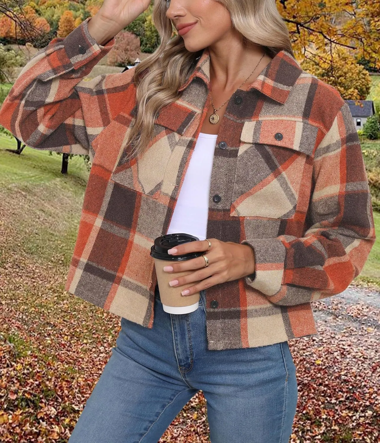Women's Flannels Cropped Shacket Jacket Fashion Plaid Button Down Shirt 2025 Fall Coat Tops