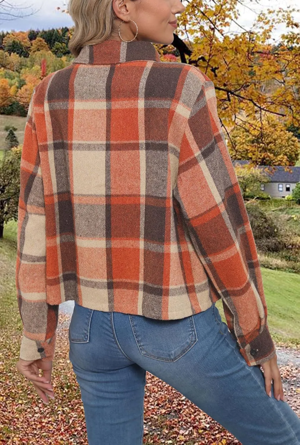 Women's Flannels Cropped Shacket Jacket Fashion Plaid Button Down Shirt 2025 Fall Coat Tops