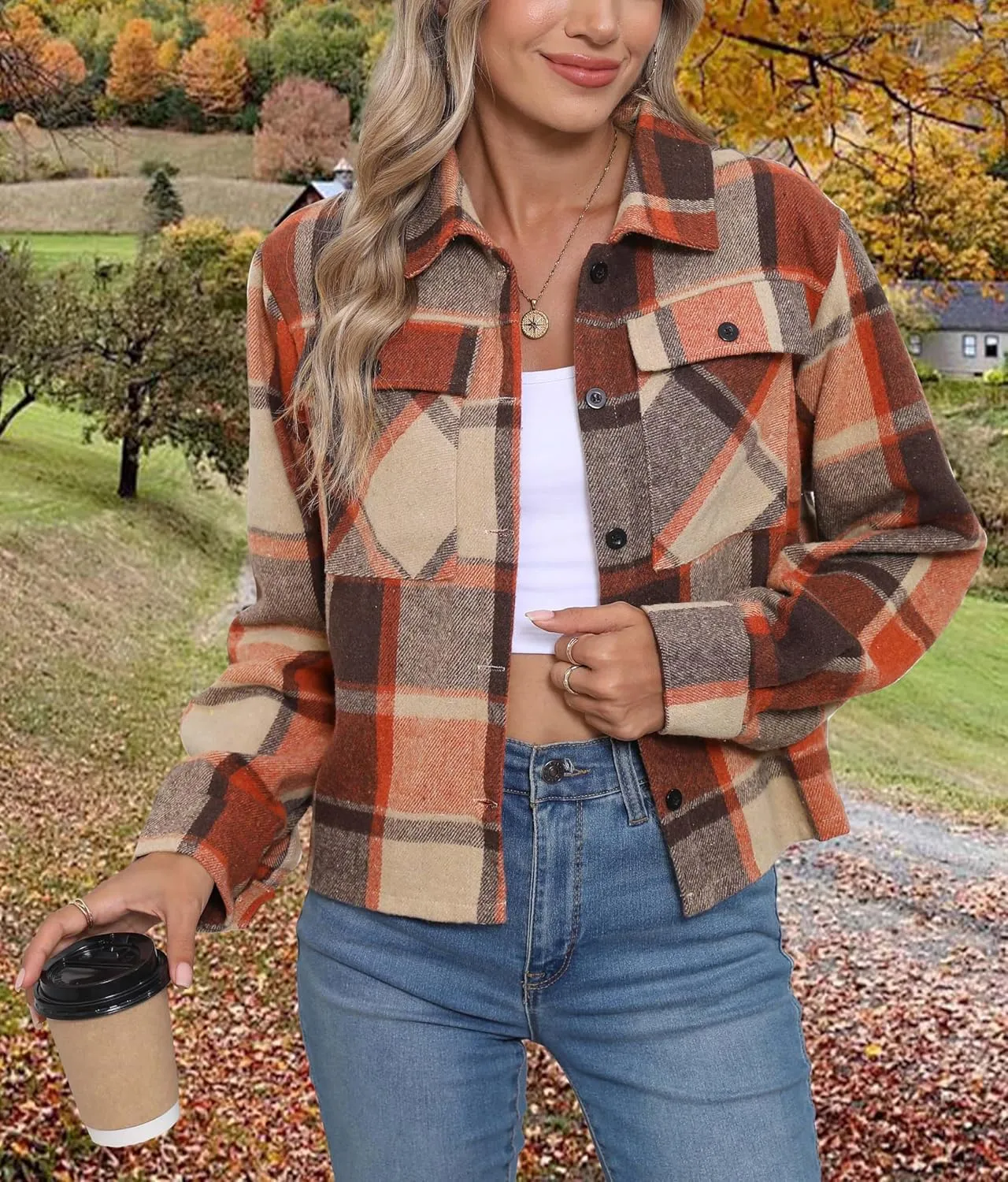 Women's Flannels Cropped Shacket Jacket Fashion Plaid Button Down Shirt 2025 Fall Coat Tops