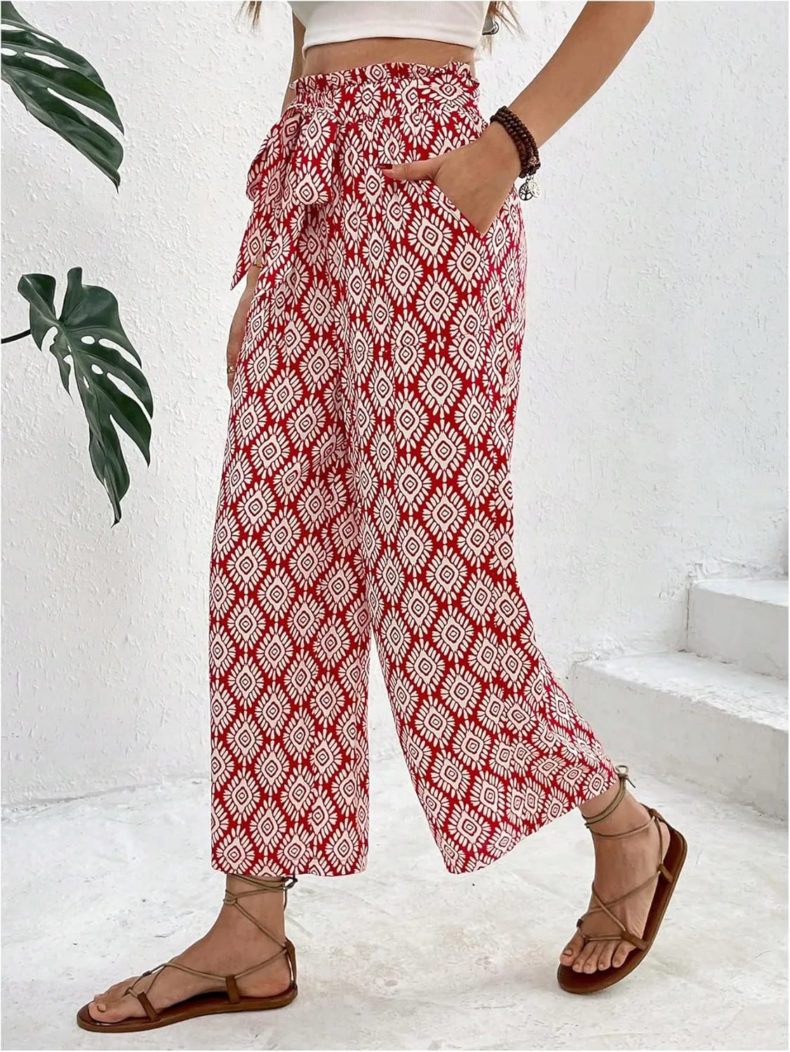 Women's Graphic Cropped Pants Boho Elastic High Waisted Wide Leg Palazzo Pants with Belt