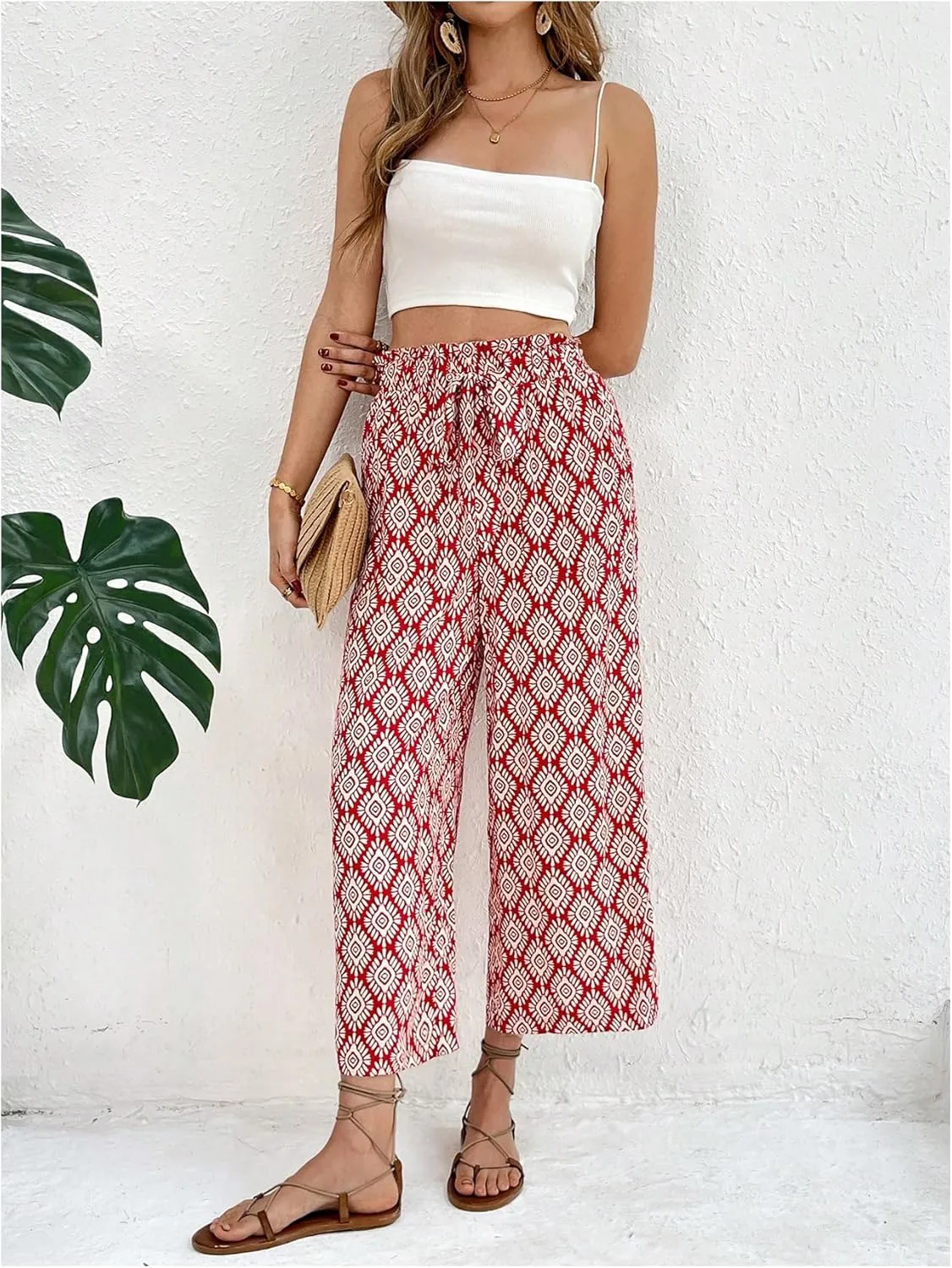 Women's Graphic Cropped Pants Boho Elastic High Waisted Wide Leg Palazzo Pants with Belt
