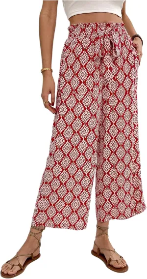 Women's Graphic Cropped Pants Boho Elastic High Waisted Wide Leg Palazzo Pants with Belt