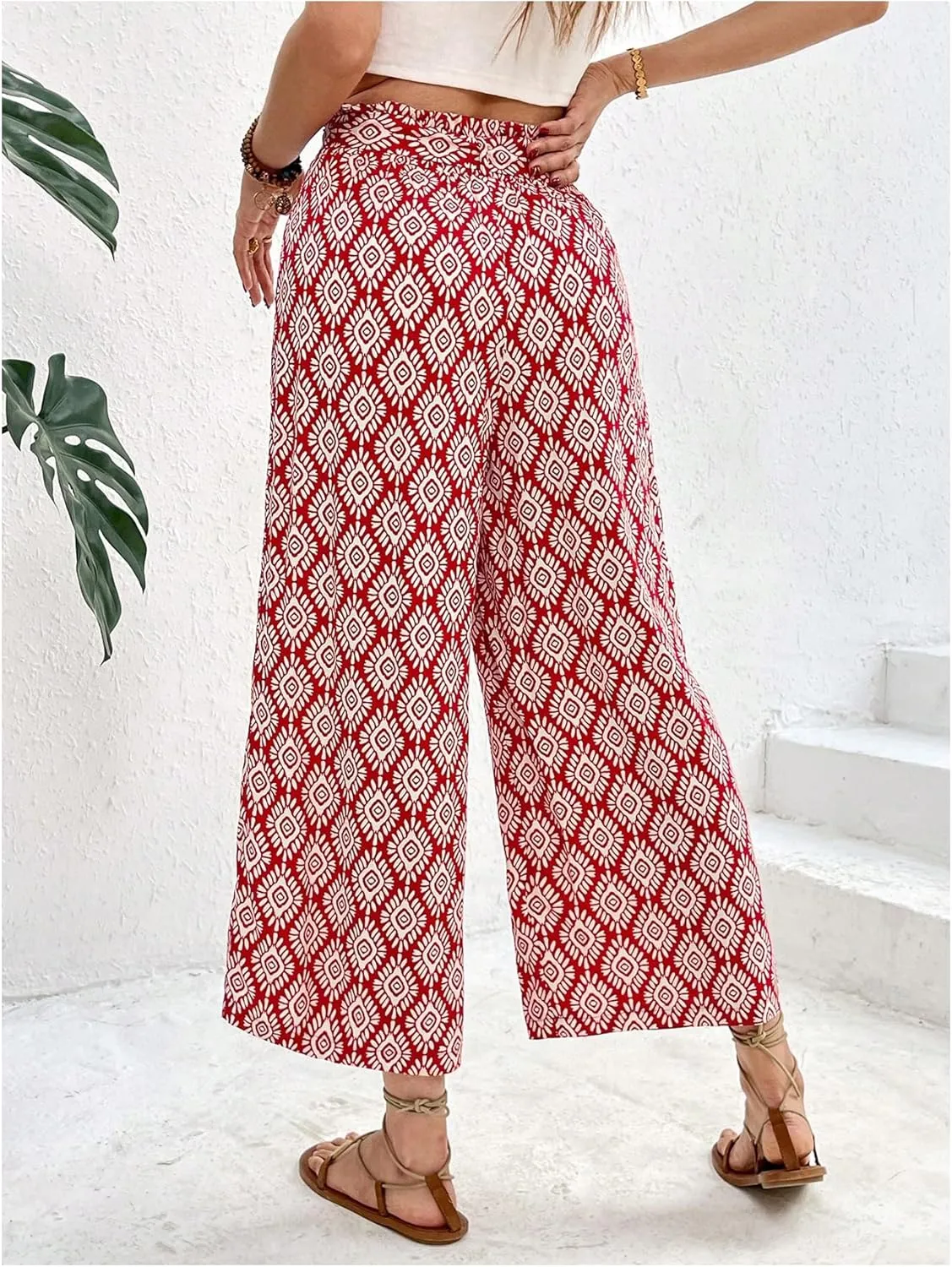 Women's Graphic Cropped Pants Boho Elastic High Waisted Wide Leg Palazzo Pants with Belt