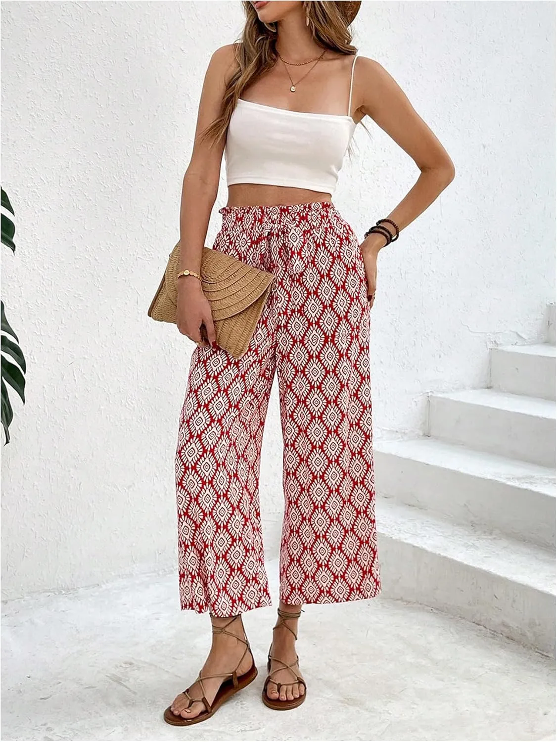 Women's Graphic Cropped Pants Boho Elastic High Waisted Wide Leg Palazzo Pants with Belt