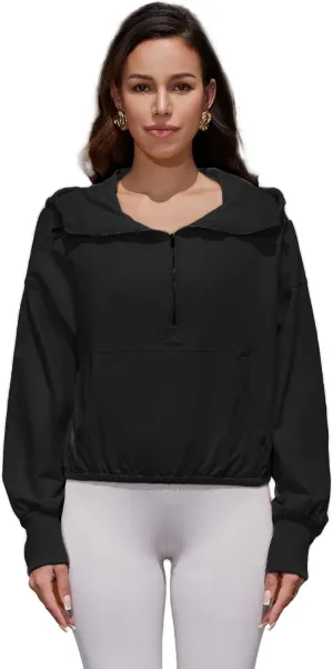 Women's Half Zip Hoodies Cropped Sweatshirts Solid Workout Pullover Tops