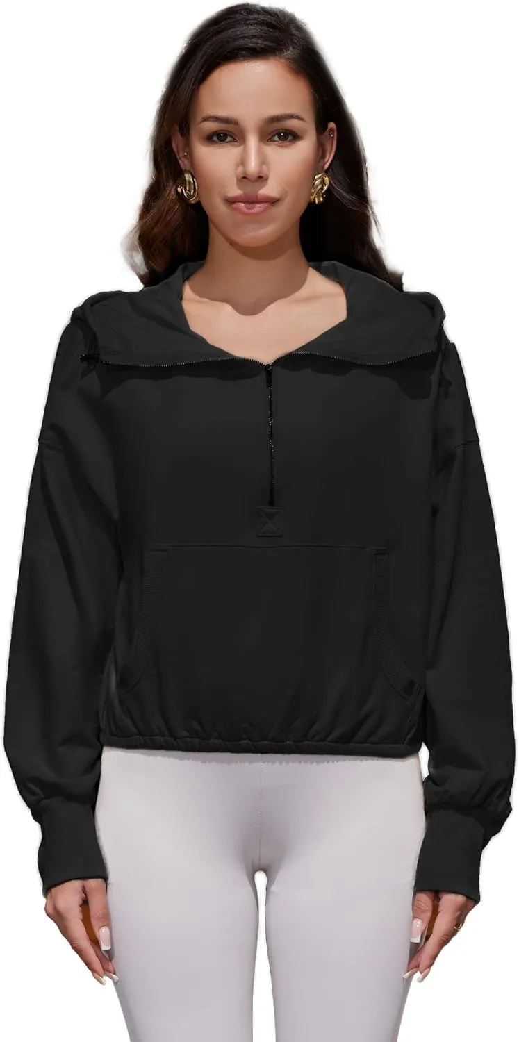 Women's Half Zip Hoodies Cropped Sweatshirts Solid Workout Pullover Tops