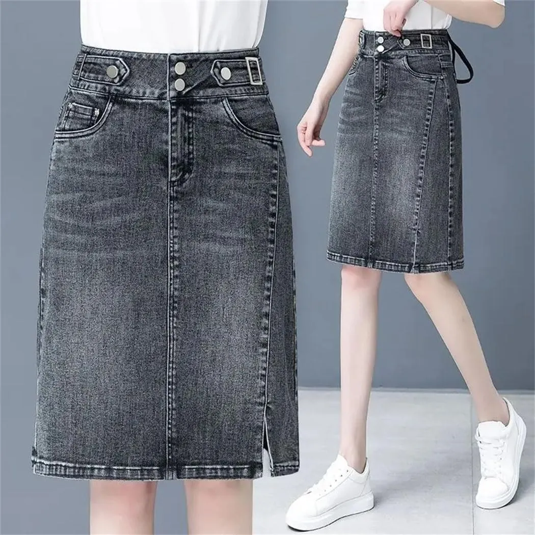 Women's High Waist Denim Skirts Spring Summer Midi Straight Slim Streetwear Casual Jeans Skirt