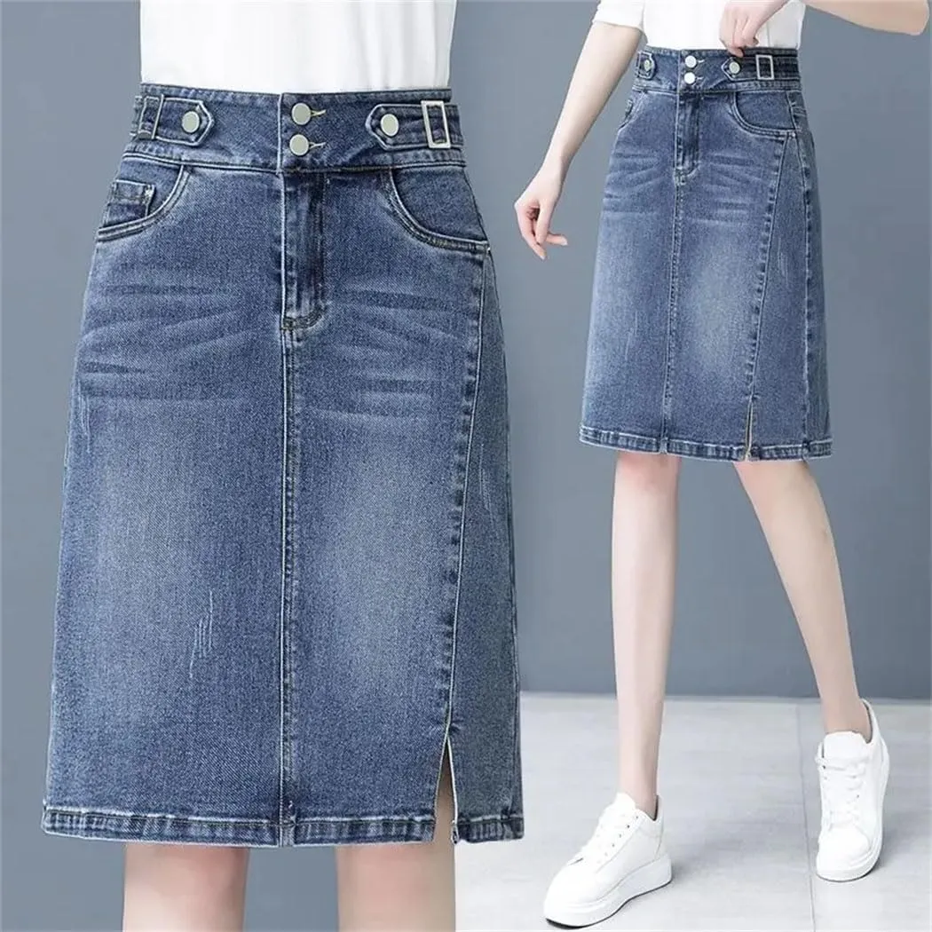 Women's High Waist Denim Skirts Spring Summer Midi Straight Slim Streetwear Casual Jeans Skirt
