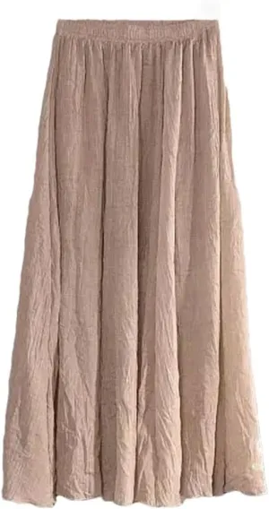 Women's High Waist Elastic Waist Linen Pleated Long Skirts Slim Casual Skirt