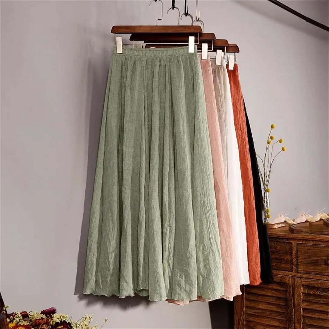 Women's High Waist Elastic Waist Linen Pleated Long Skirts Slim Casual Skirt