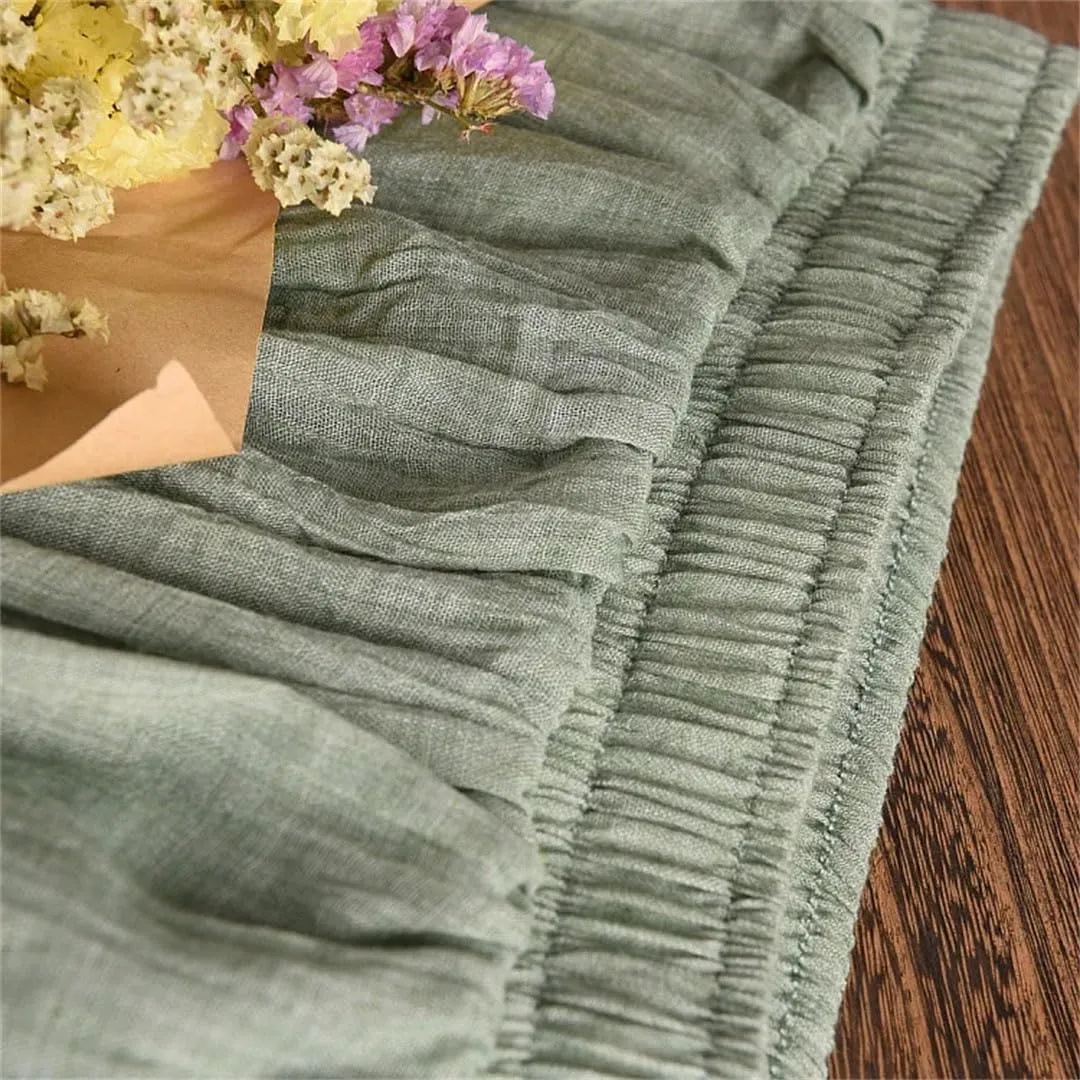 Women's High Waist Elastic Waist Linen Pleated Long Skirts Slim Casual Skirt
