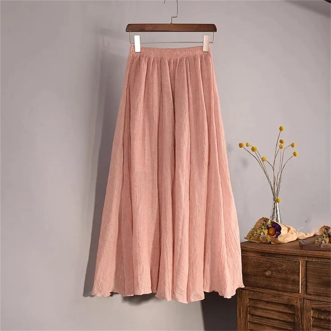 Women's High Waist Elastic Waist Linen Pleated Long Skirts Slim Casual Skirt