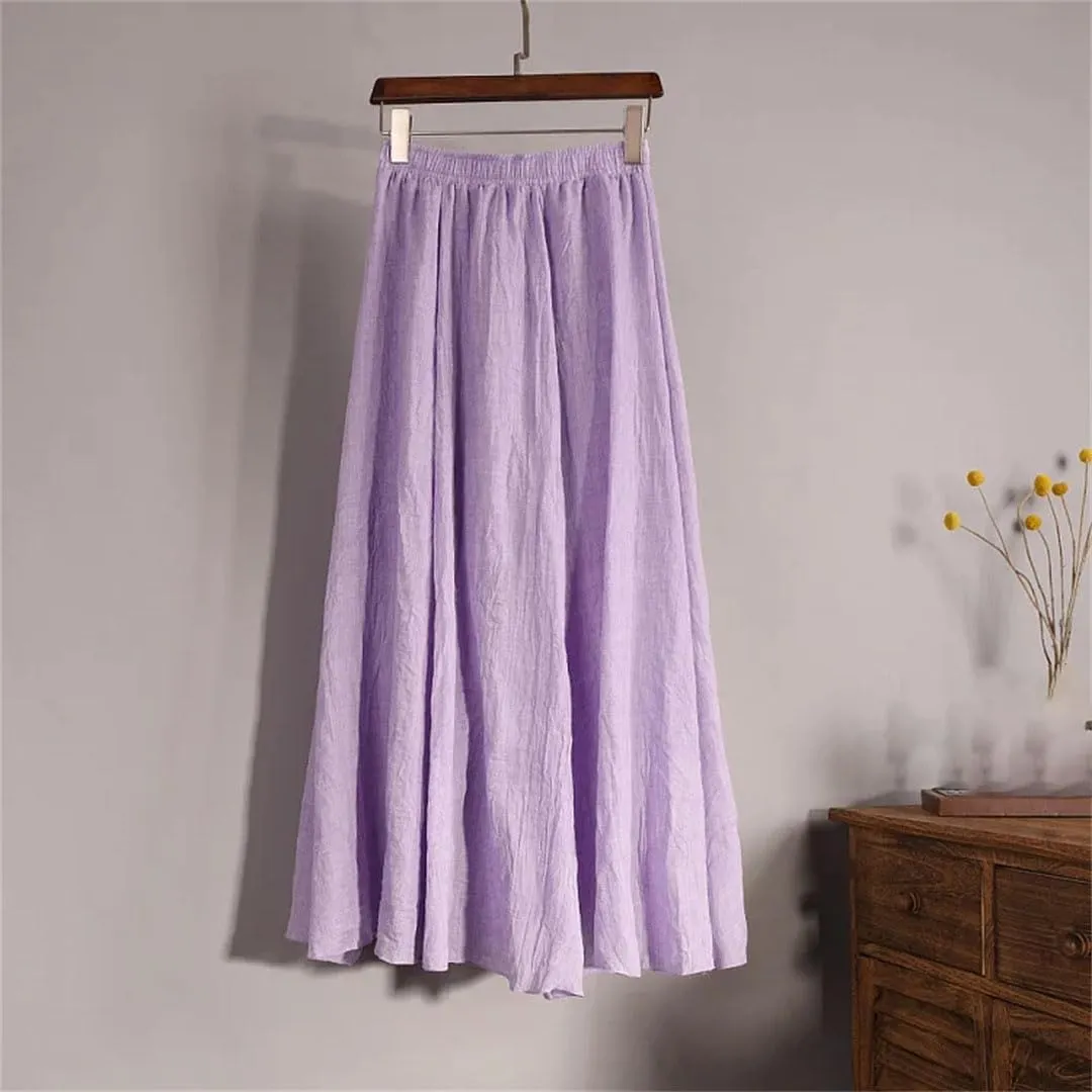 Women's High Waist Elastic Waist Linen Pleated Long Skirts Slim Casual Skirt