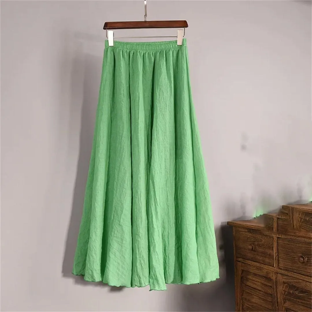 Women's High Waist Elastic Waist Linen Pleated Long Skirts Slim Casual Skirt