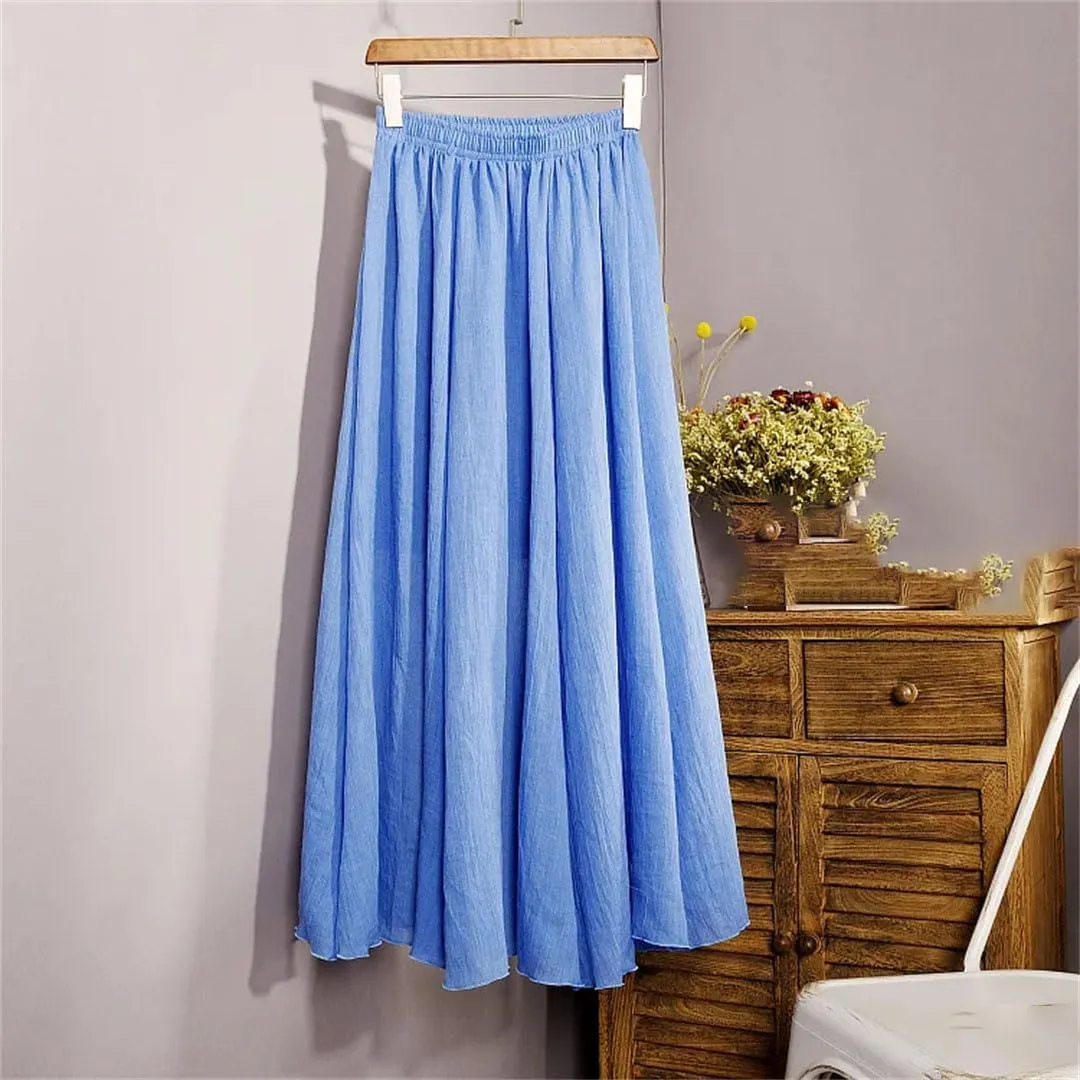 Women's High Waist Elastic Waist Linen Pleated Long Skirts Slim Casual Skirt