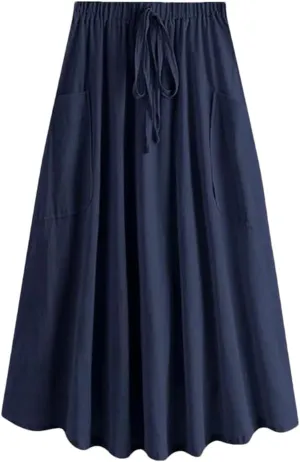 Women's High Waist Pleated Midi Skirt with Pocket Korean Fashion A Line Slim Skirt