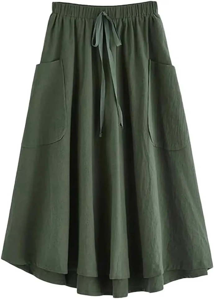Women's High Waist Pleated Midi Skirt with Pocket Korean Fashion A Line Slim Skirt