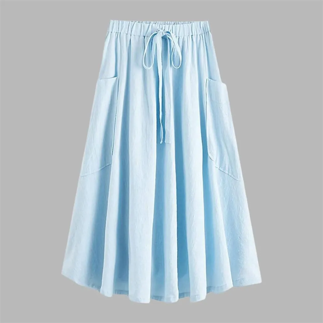 Women's High Waist Pleated Midi Skirt with Pocket Korean Fashion A Line Slim Skirt