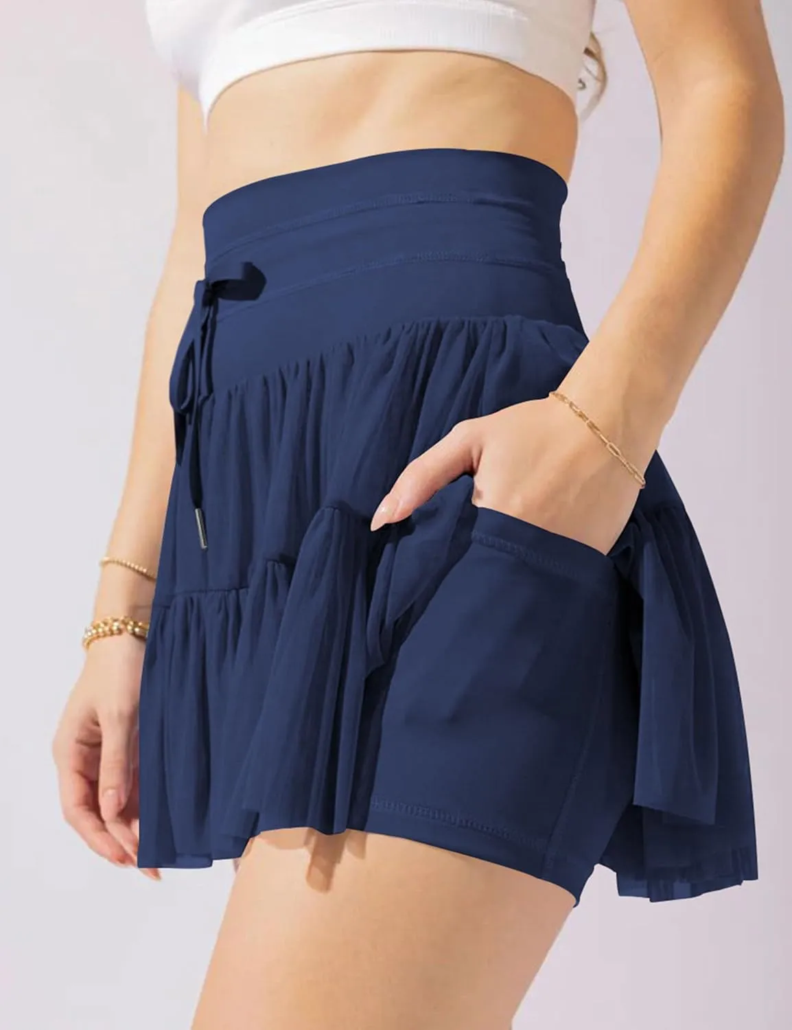 Womens High Waist Pleated Mini Skirt Casual Beach Boho Drawstring Layered Tiered Tennis Short Skirts for Girls 