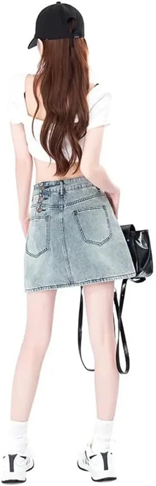 Women's High-Waisted Triple-Button Denim Mini Dress Loose-Fit A- Line Hip Covering Mini Skirt