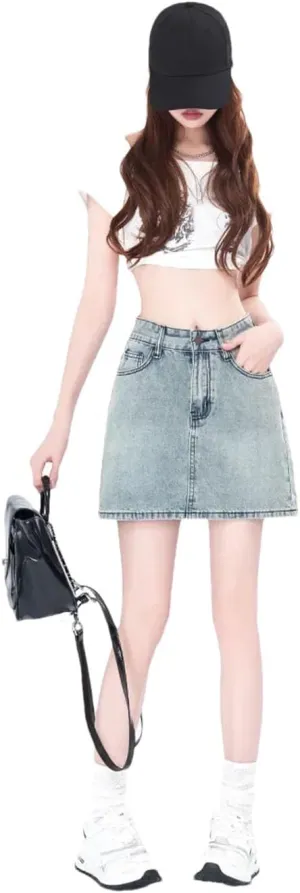 Women's High-Waisted Triple-Button Denim Mini Dress Loose-Fit A- Line Hip Covering Mini Skirt