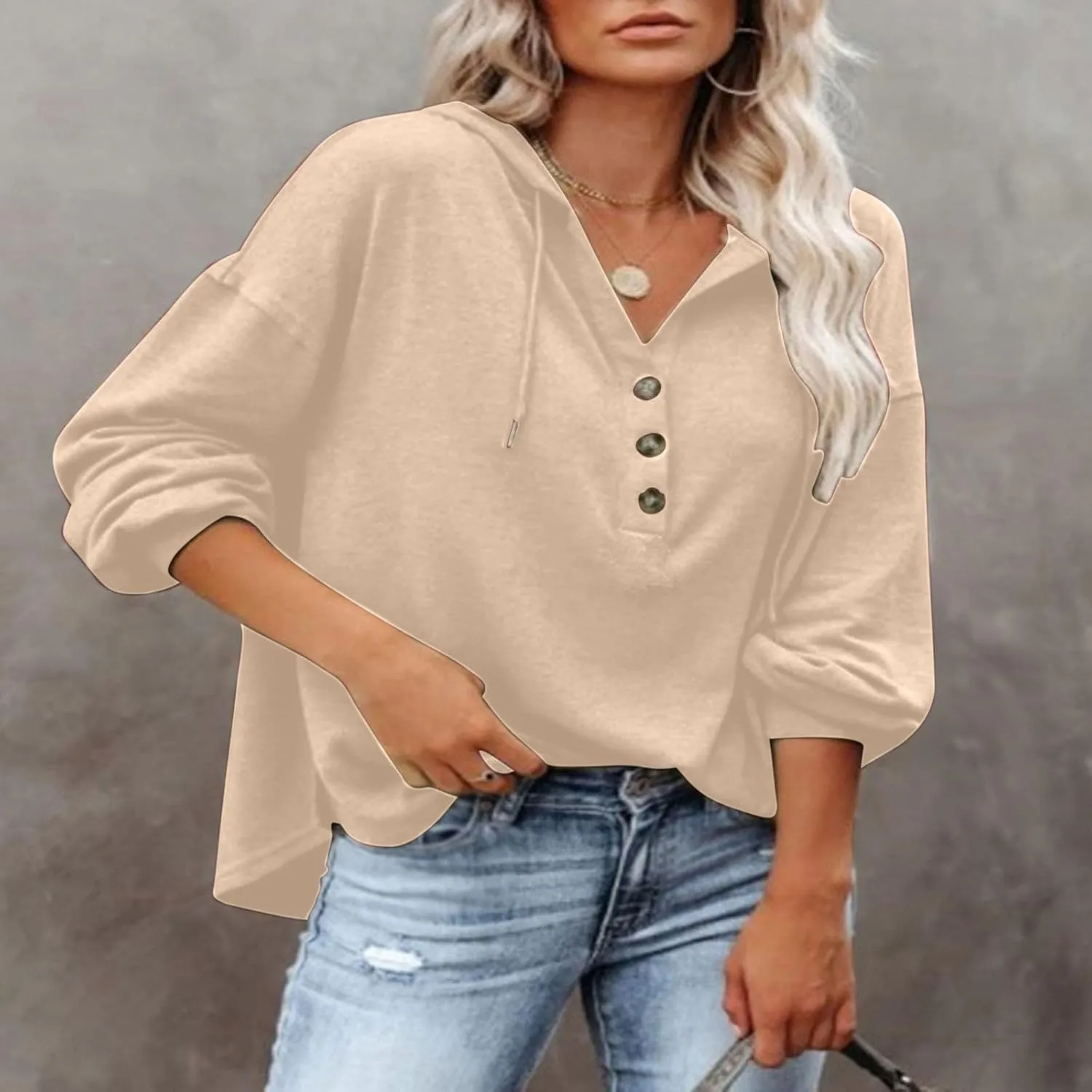 Womens Hooded Button Collar Drawstring Hoodies Pullover Sweatshirts Casual Long Sleeve Solid Color Fall Top Shirts