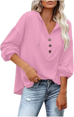 Womens Hooded Button Collar Drawstring Hoodies Pullover Sweatshirts Casual Long Sleeve Solid Color Fall Top Shirts