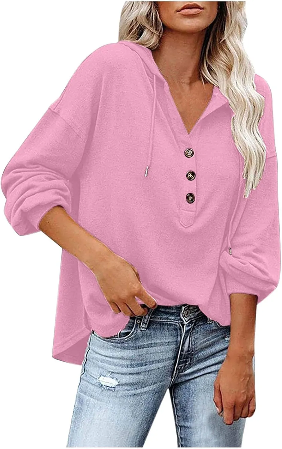 Womens Hooded Button Collar Drawstring Hoodies Pullover Sweatshirts Casual Long Sleeve Solid Color Fall Top Shirts