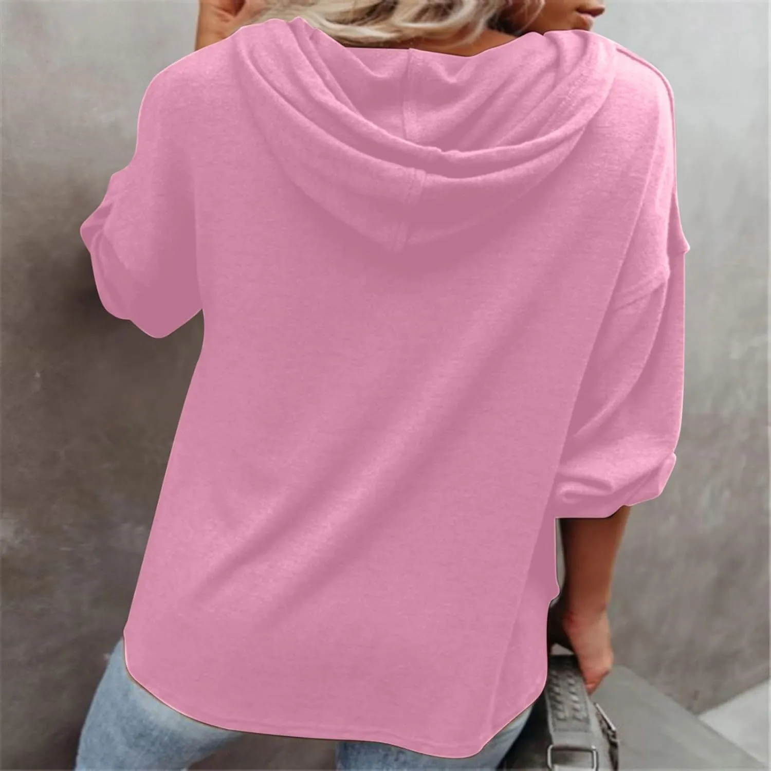 Womens Hooded Button Collar Drawstring Hoodies Pullover Sweatshirts Casual Long Sleeve Solid Color Fall Top Shirts