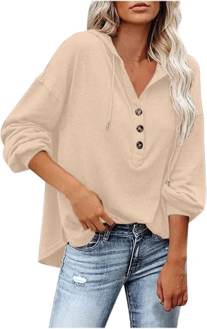 Womens Hooded Button Collar Drawstring Hoodies Pullover Sweatshirts Casual Long Sleeve Solid Color Fall Top Shirts