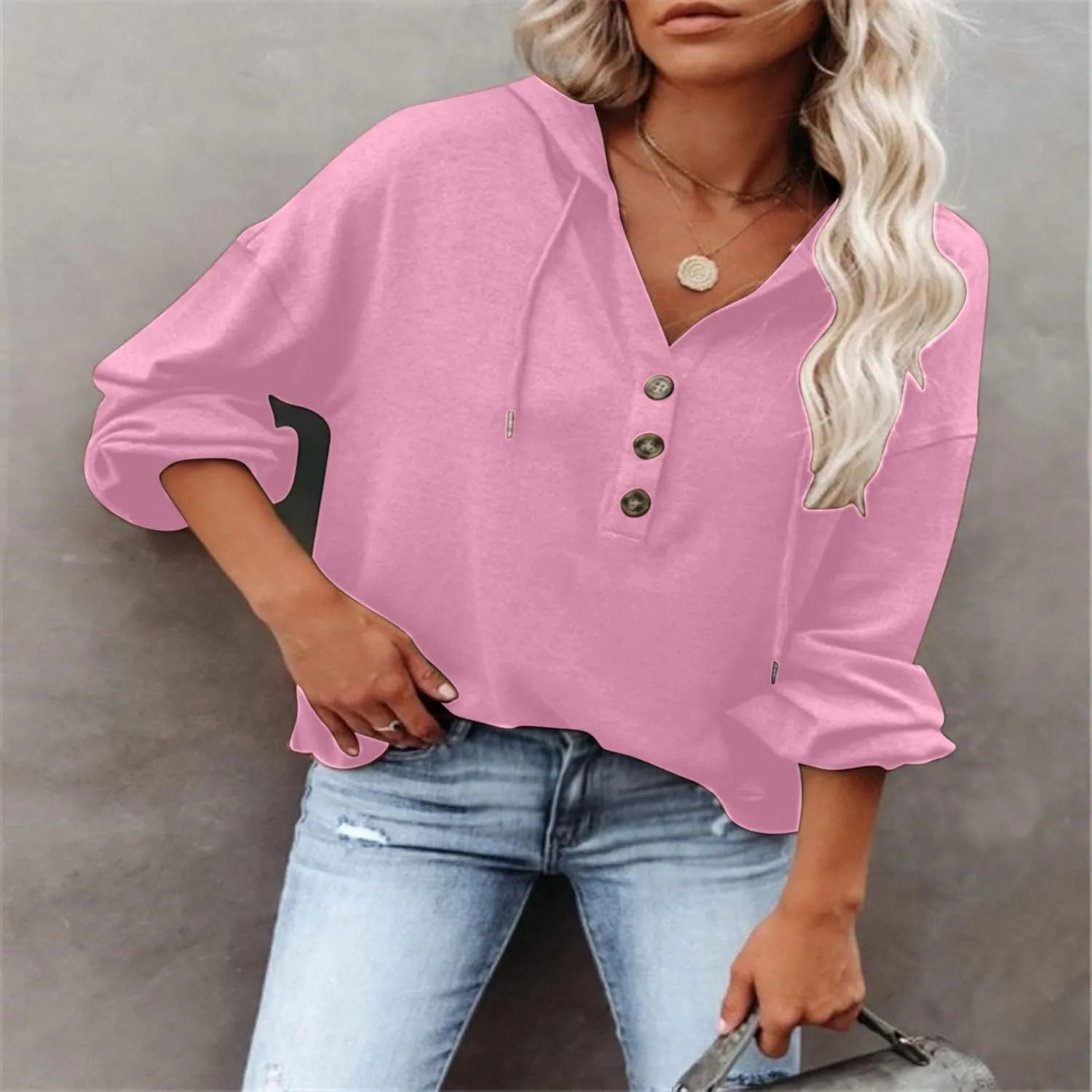 Womens Hooded Button Collar Drawstring Hoodies Pullover Sweatshirts Casual Long Sleeve Solid Color Fall Top Shirts
