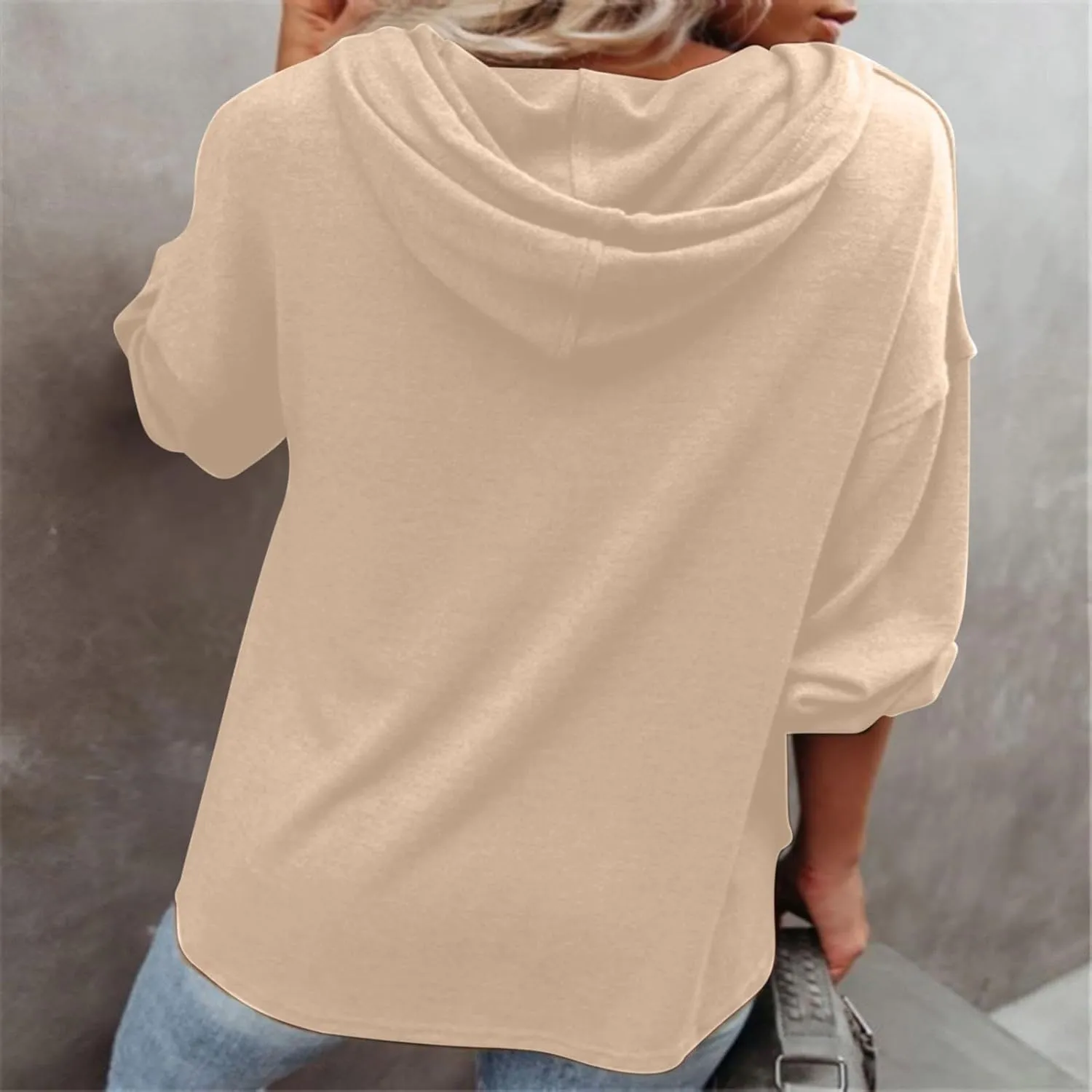 Womens Hooded Button Collar Drawstring Hoodies Pullover Sweatshirts Casual Long Sleeve Solid Color Fall Top Shirts