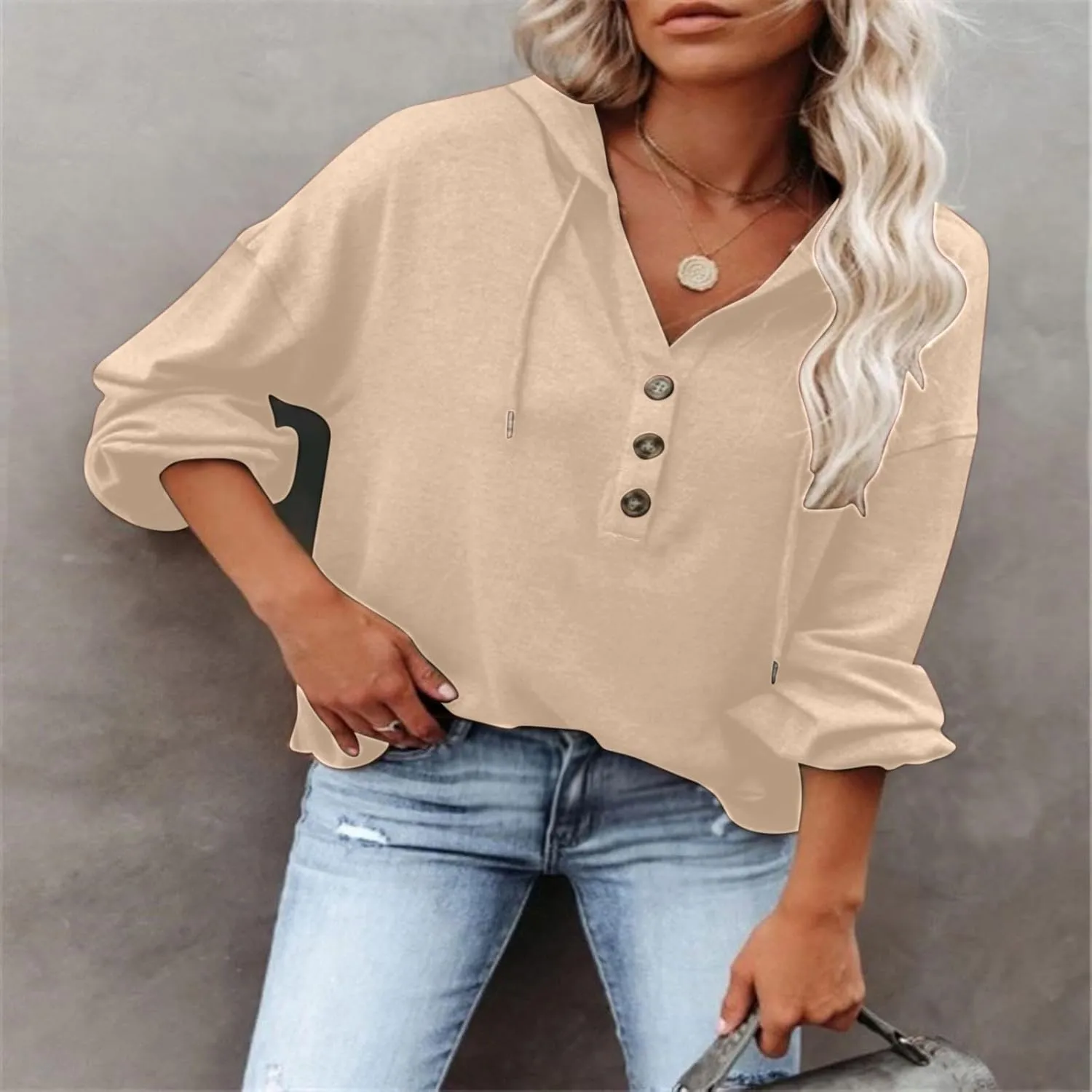 Womens Hooded Button Collar Drawstring Hoodies Pullover Sweatshirts Casual Long Sleeve Solid Color Fall Top Shirts