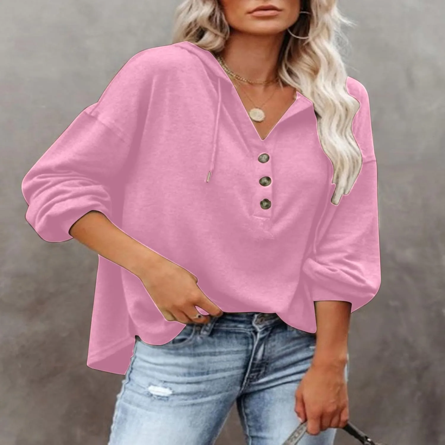 Womens Hooded Button Collar Drawstring Hoodies Pullover Sweatshirts Casual Long Sleeve Solid Color Fall Top Shirts