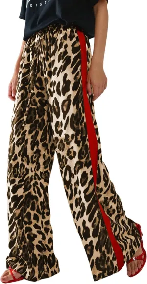 Women's Leopard Print Pants Drawstring Color Block Side Striped Pants Y2K Cheetah Wide Leg Trousers with Pockets