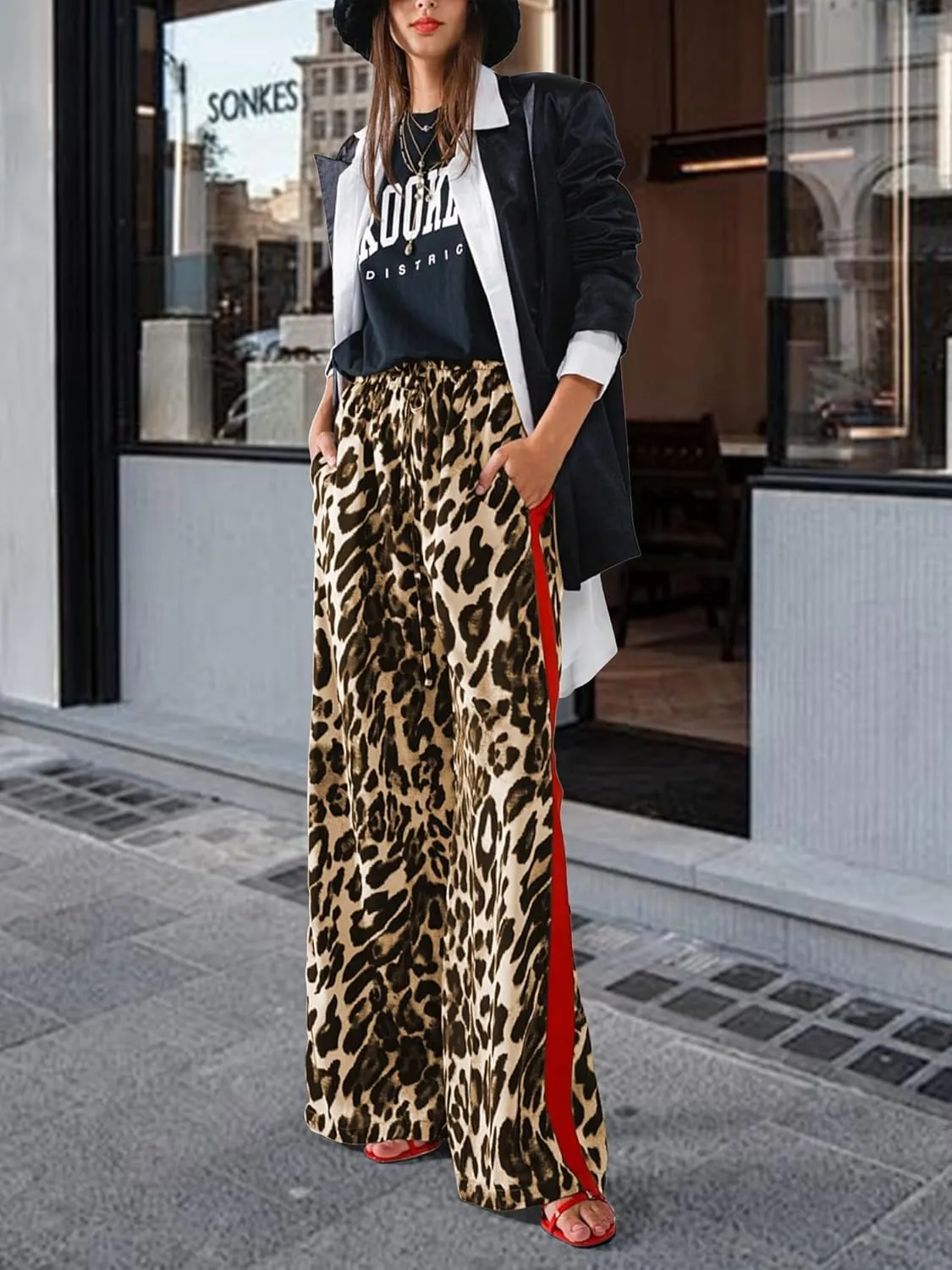 Women's Leopard Print Pants Drawstring Color Block Side Striped Pants Y2K Cheetah Wide Leg Trousers with Pockets