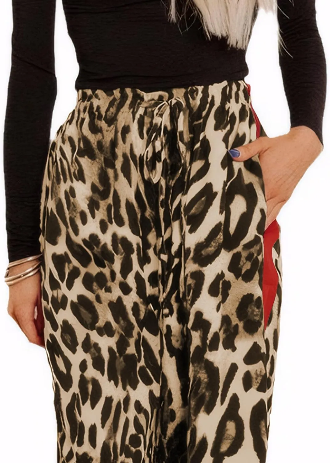 Women's Leopard Print Pants Drawstring Color Block Side Striped Pants Y2K Cheetah Wide Leg Trousers with Pockets