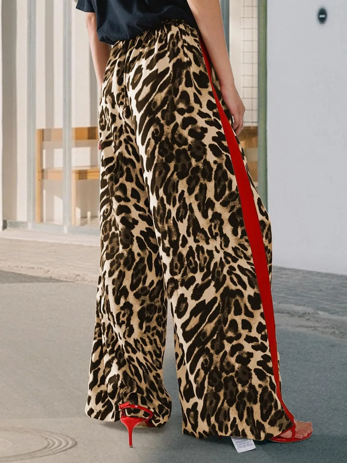 Women's Leopard Print Pants Drawstring Color Block Side Striped Pants Y2K Cheetah Wide Leg Trousers with Pockets