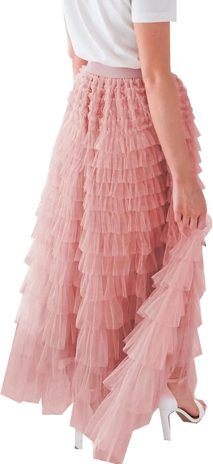 Women's Long Maxi Tulle Skirts A Line High Waisted Tiered Layered Midi Skirt Mesh Ruffle Tutu Petticoat