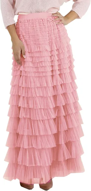Women's Long Maxi Tulle Skirts A Line High Waisted Tiered Layered Midi Skirt Mesh Ruffle Tutu Petticoat