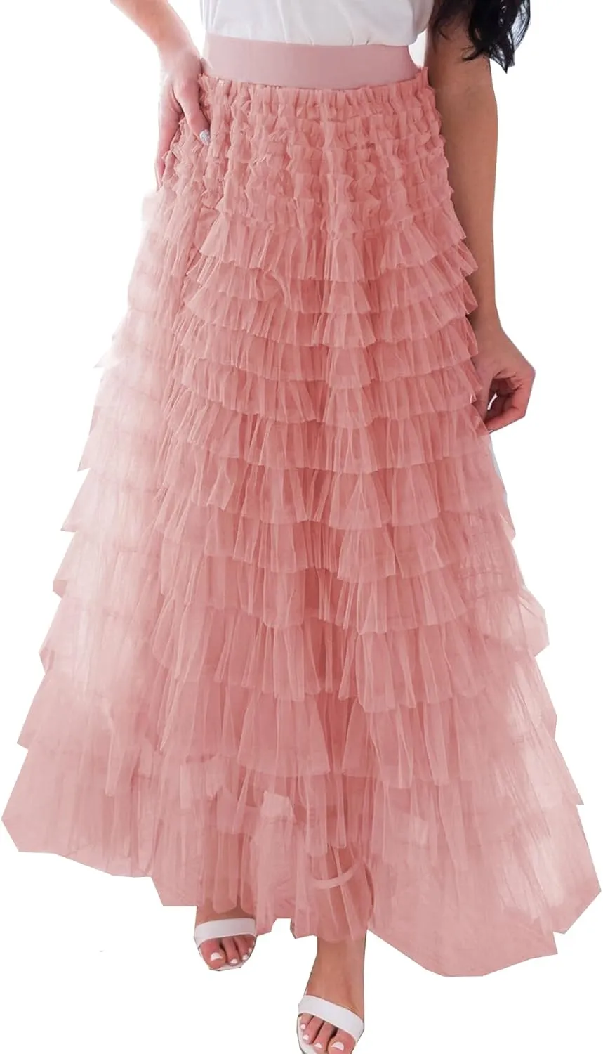 Women's Long Maxi Tulle Skirts A Line High Waisted Tiered Layered Midi Skirt Mesh Ruffle Tutu Petticoat