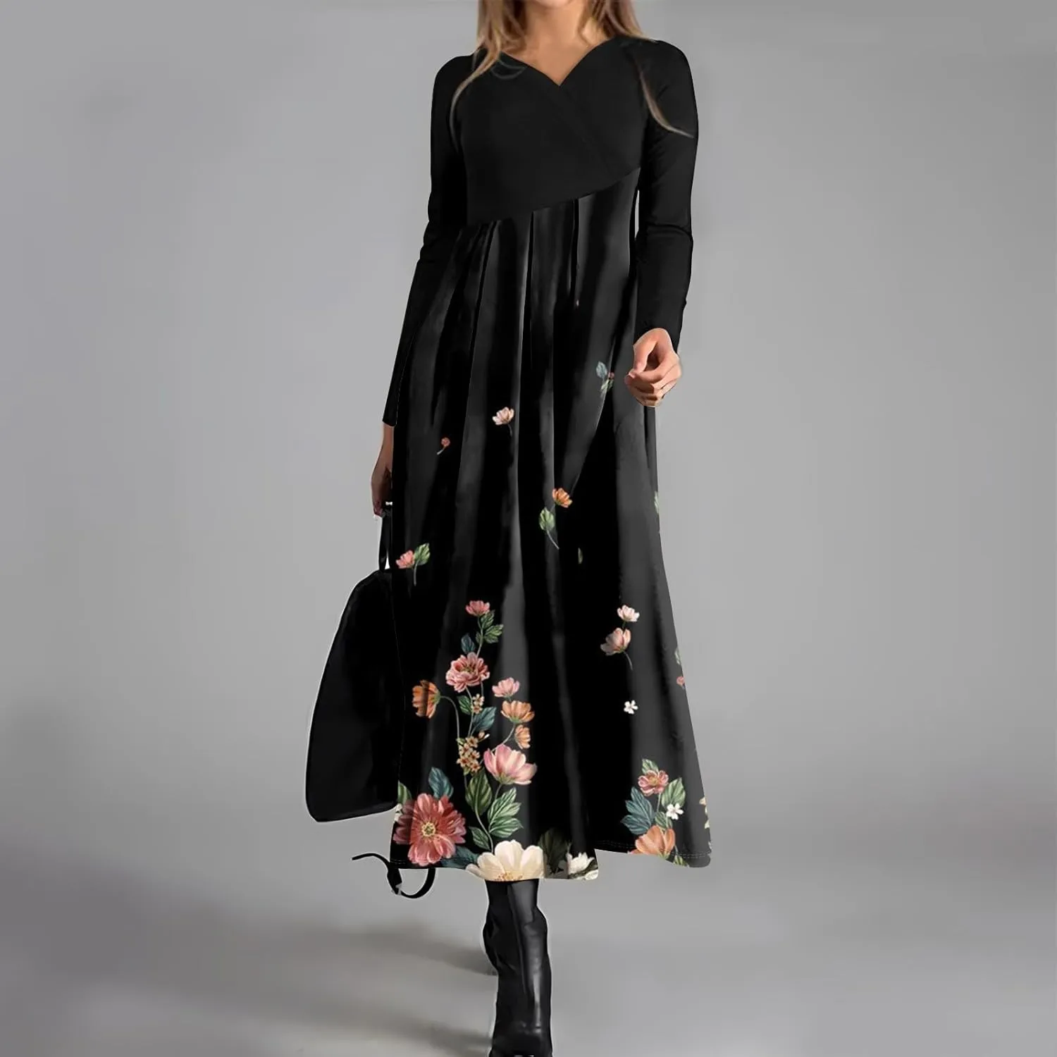 Women's Long Sleeve Spring Dresses V Neck Boho Floral High Waist A Line Flowy Dress Cocktail Party Maxi Dresses