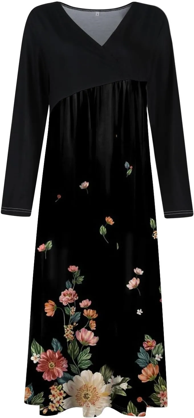 Women's Long Sleeve Spring Dresses V Neck Boho Floral High Waist A Line Flowy Dress Cocktail Party Maxi Dresses